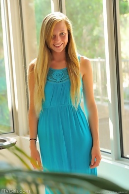 Cute Blonde Marlie in a Long Blue Dress