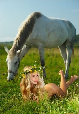 Talia in the Pasture with a White Horse